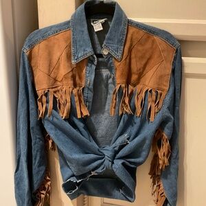 Women's Denim Western Suede Leather Fringe Shirt Top Small 1980s Cowboy